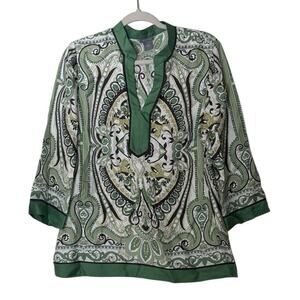 Ann Taylor Womens 10 Green Paisley Silk Tunic Blouse V-Neck Long Sleeve